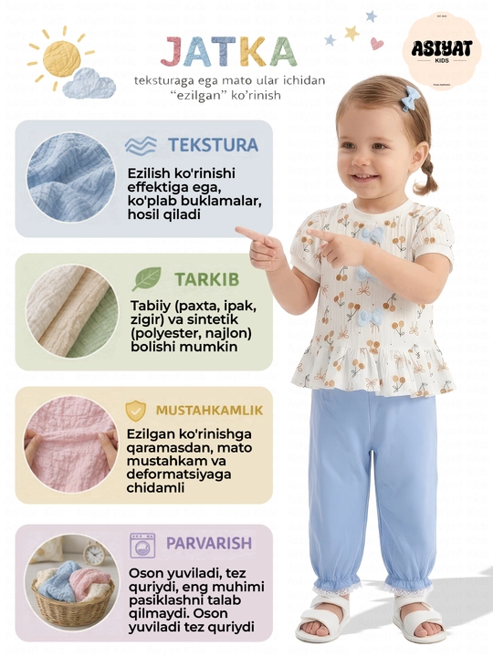1–2 yoshli qizchalar uchun yozgi  to`plami: ko‘ylak va ishtoncha, yumshoq va qulay