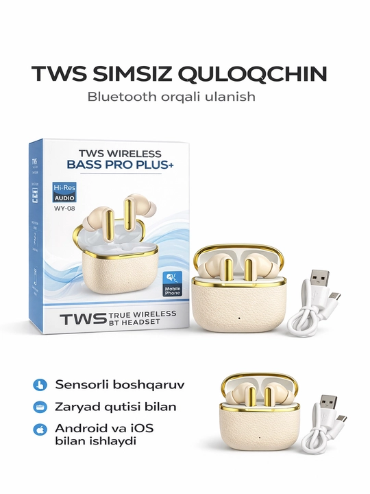 TWS simsiz quloqchin WY-08, Bluetooth, zaryad qutisi bilan, Android va iOS uchun - 