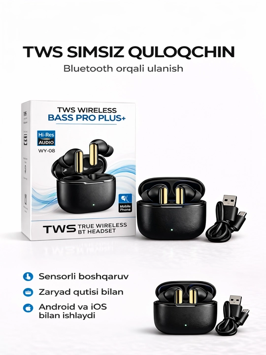 TWS simsiz quloqchin WY-08, Bluetooth, zaryad qutisi bilan, Android va iOS uchun - 