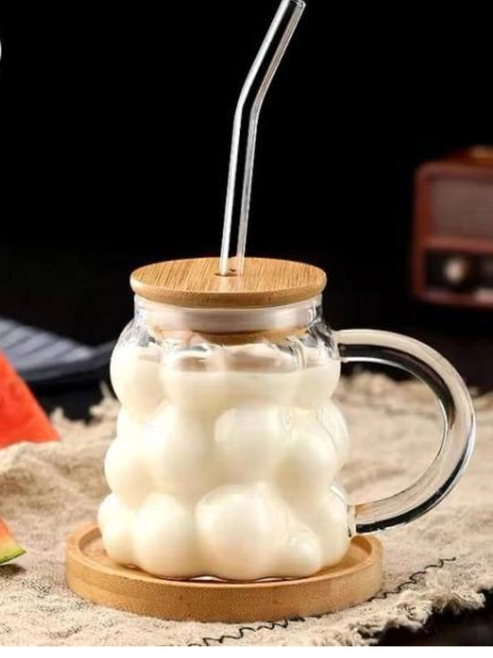 Стакан стеклянный с бамбуковой крышкой и трубочкой, для кофе и чая, 500 мл, волнистый