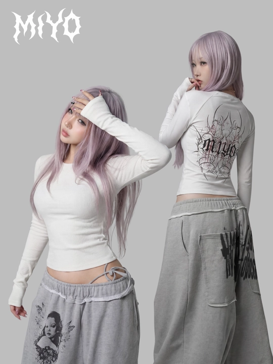 MIYO, Ayollar uchun slim fit longslivlar – gotik osiyo uslubi Y2K - 