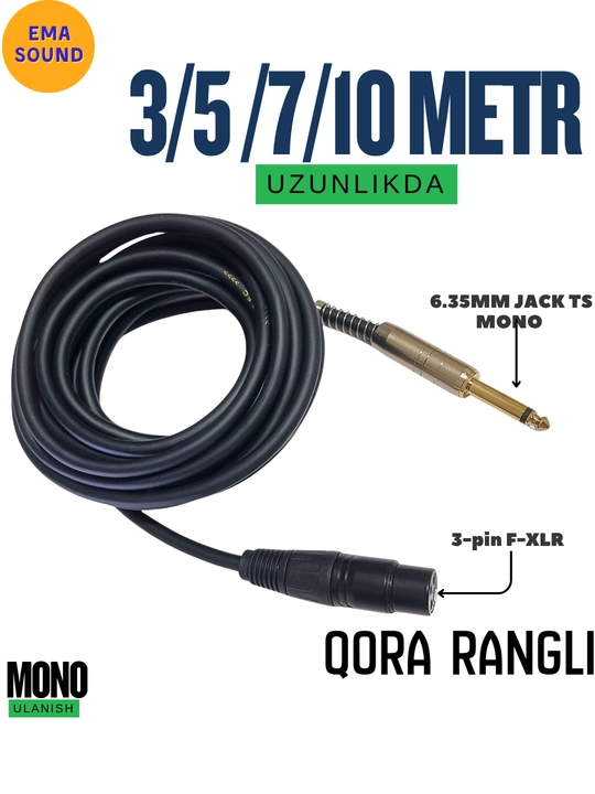 Professional Mikrofon kabellar XLR-F va  6.35 mm Jack 5/10 metrlik uzunlikda