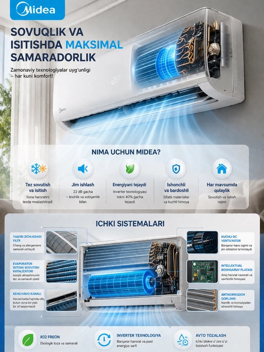 Кондиционер Midea ALBA, инверторный, R32, охлаждение и обогрев, до –15 °C на обогрев
