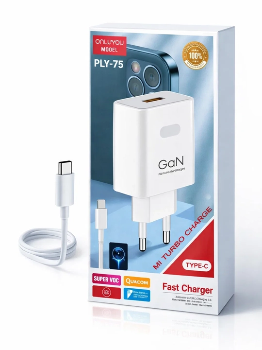 Zaryadlovchi (adapter) + Type-C kabel — tez zaryadlash: 50 Vt, 120 Vt, 150 Vt, 200 Vt