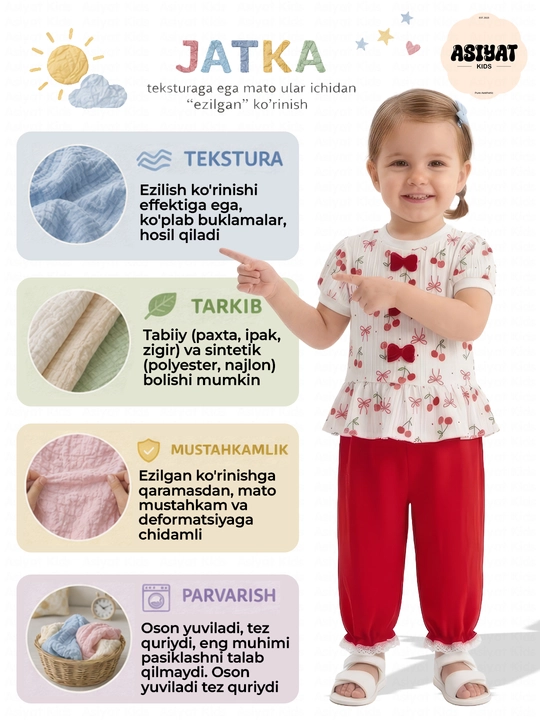 1–2 yoshli qizchalar uchun yozgi  to`plami: ko‘ylak va ishtoncha, yumshoq va qulay