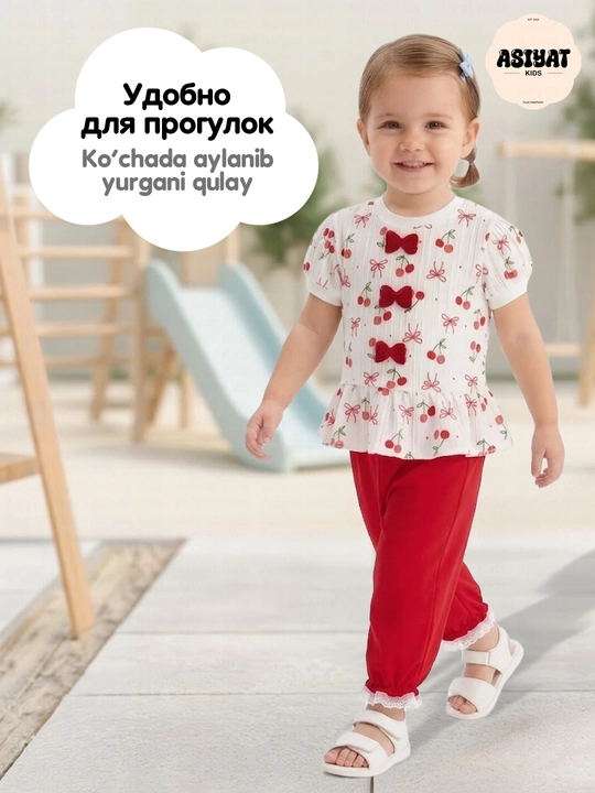1–2 yoshli qizchalar uchun yozgi  to`plami: ko‘ylak va ishtoncha, yumshoq va qulay