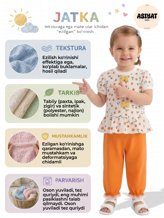 1–2 yoshli qizchalar uchun yozgi  to`plami: ko‘ylak va ishtoncha, yumshoq va qulay