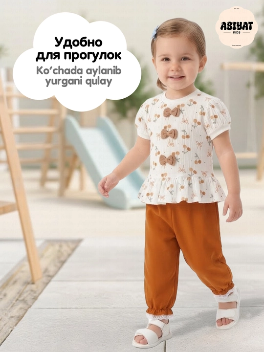 1–2 yoshli qizchalar uchun yozgi  to`plami: ko‘ylak va ishtoncha, yumshoq va qulay