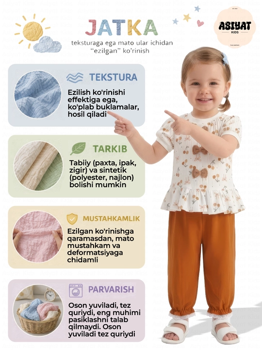 1–2 yoshli qizchalar uchun yozgi  to`plami: ko‘ylak va ishtoncha, yumshoq va qulay