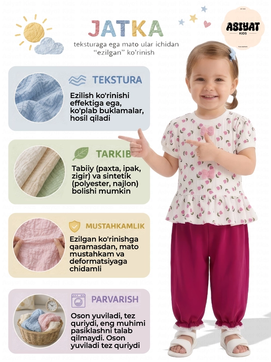 1–2 yoshli qizchalar uchun yozgi  to`plami: ko‘ylak va ishtoncha, yumshoq va qulay