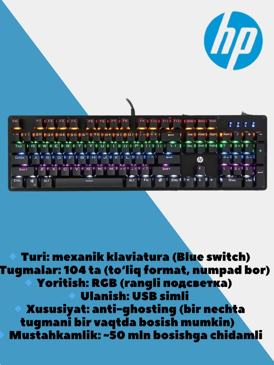 HP GK100F, HP GK200 White mexanik, RGB yoritgichli, o‘yin klaviaturasi