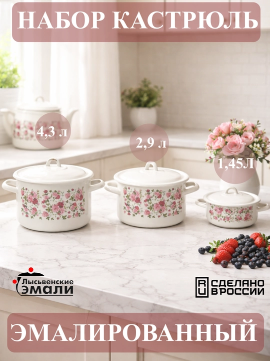 Набор кухонной посуды,, эмалированные кастрюли 001, 4.3, 2.9, 1.45 литр