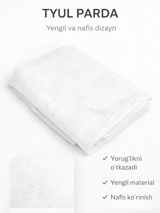 Aven tyuli, yarim shaffof, oshxona,yotoqxona va mehmonxonaga mos,200 sm dan - 350 sm gacha