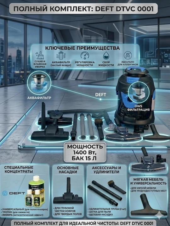 Deft Пылесос, 3 в 1, аквафильтр, Deft 0001, для сухой и влажной уборки