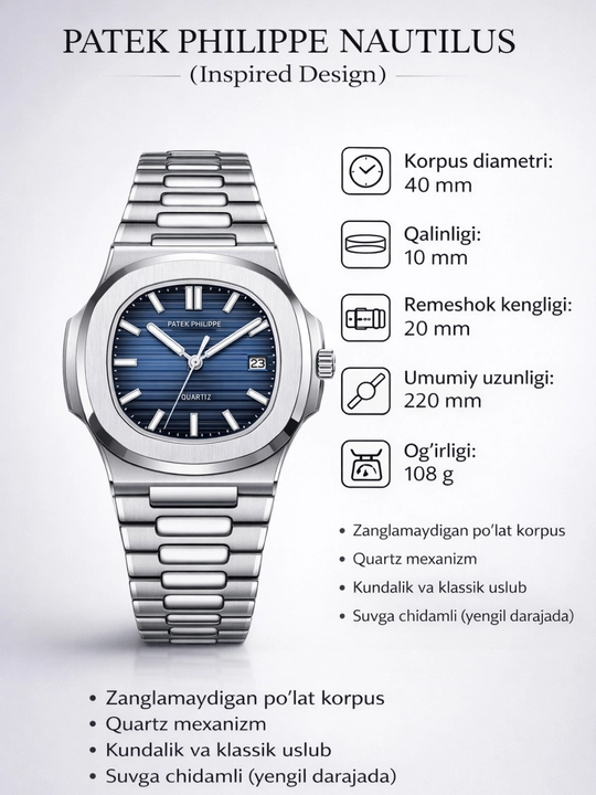 Erkaklar qo‘l soat, brendli, kvartz, kundalik kiyish uchun, Patek Philippe nautilius