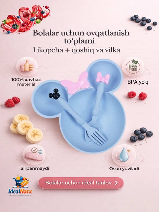 Bolalar uchun ovqatlanish to‘plami likopcha + qoshiq va sanchqi— bolalar idishlari - 
