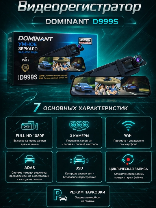 Видеорегистратор DOMINANT D999S 4K Wi-Fi 3 камеры 32GB для автомобиля