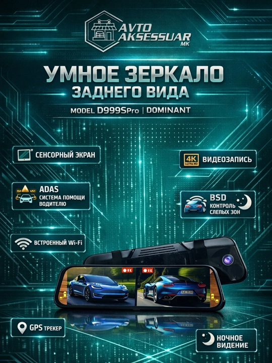 Видеорегистратор DOMINANT D999S PRO с передней камерой 4K, задней камерой 4K