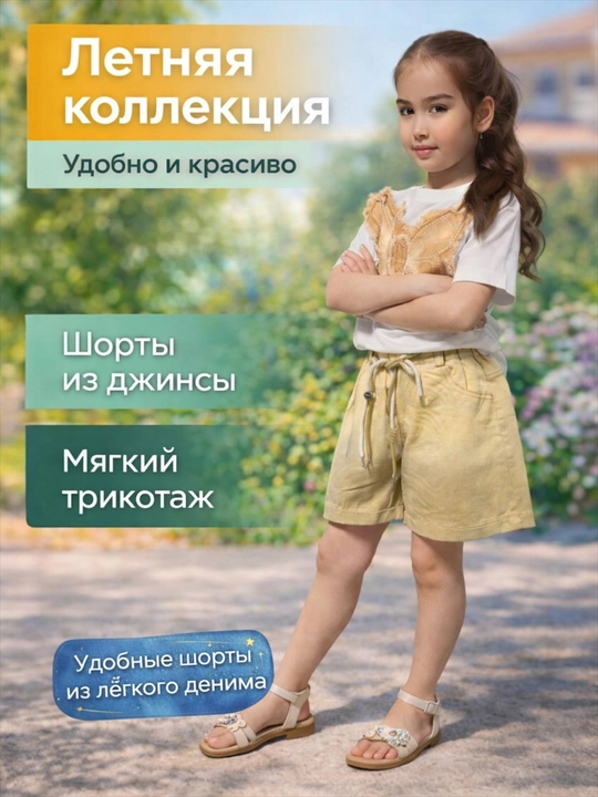 Летний комплект для девочки с бабочкой: футболка и шорты, кофта - юбка