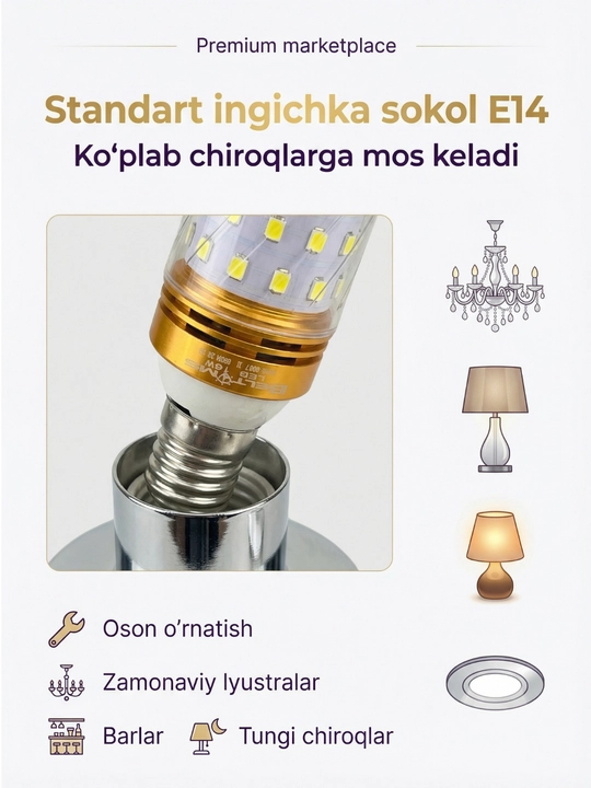 Energiya tejamkor LED lampochka E14, 16W — Uzun umrli (20,000 soat)
