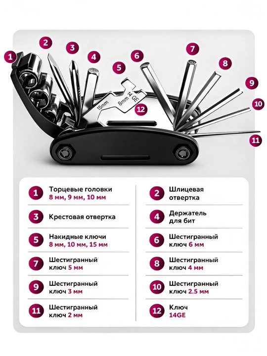 Мультиключ для велосипеда 8–17 мм, Универсальный ключ 16 в 1, гаечный ключ для велосипеда