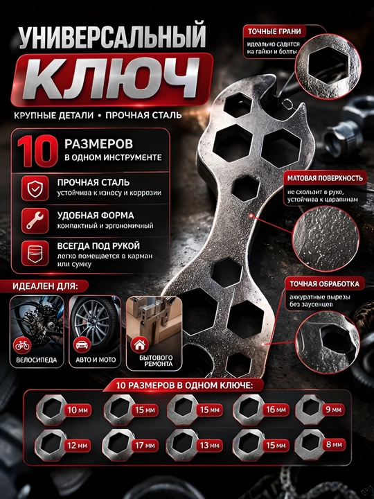Мультиключ для велосипеда 8–17 мм, Универсальный ключ 16 в 1, гаечный ключ для велосипеда