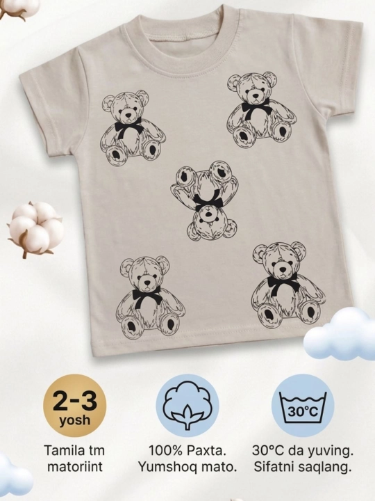 Bolalar uchun yumshoq futbolka, 100% paxta, ayiqcha printli (2-3 yosh)