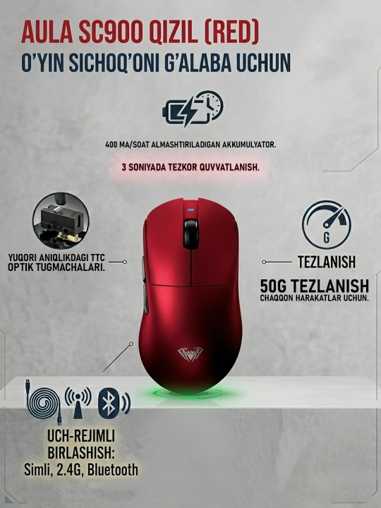 O'yin sichqonchasi Aula SC900 Red, simsiz, ultra yengil, RGB, 10000 DPI, qizil - 