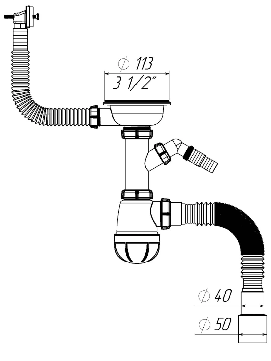Сифон для мойки 3 1/2"х40, с отводом для стиральной машины и переливом, B0147-20-MR