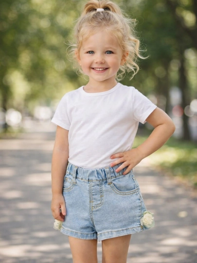 Шорты детские для девочки джинсовые, х/б деним, 1-5лет, рост 80-110 см — PROKIDS-80573-ГОЛУБ-4 года