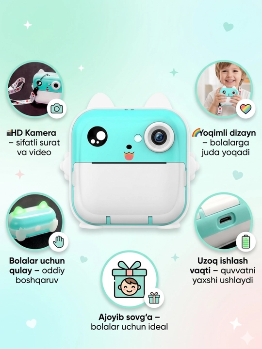 Bolalar uchun tezkor chop etish kamera, fotosurat, fotoapparat, termo printeri, fotoqog'oz