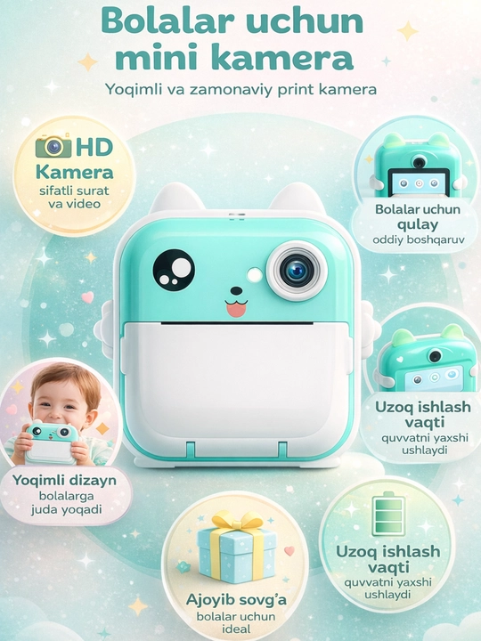 Bolalar uchun tezkor chop etish kamera, fotosurat, fotoapparat, termo printeri, fotoqog'oz - 