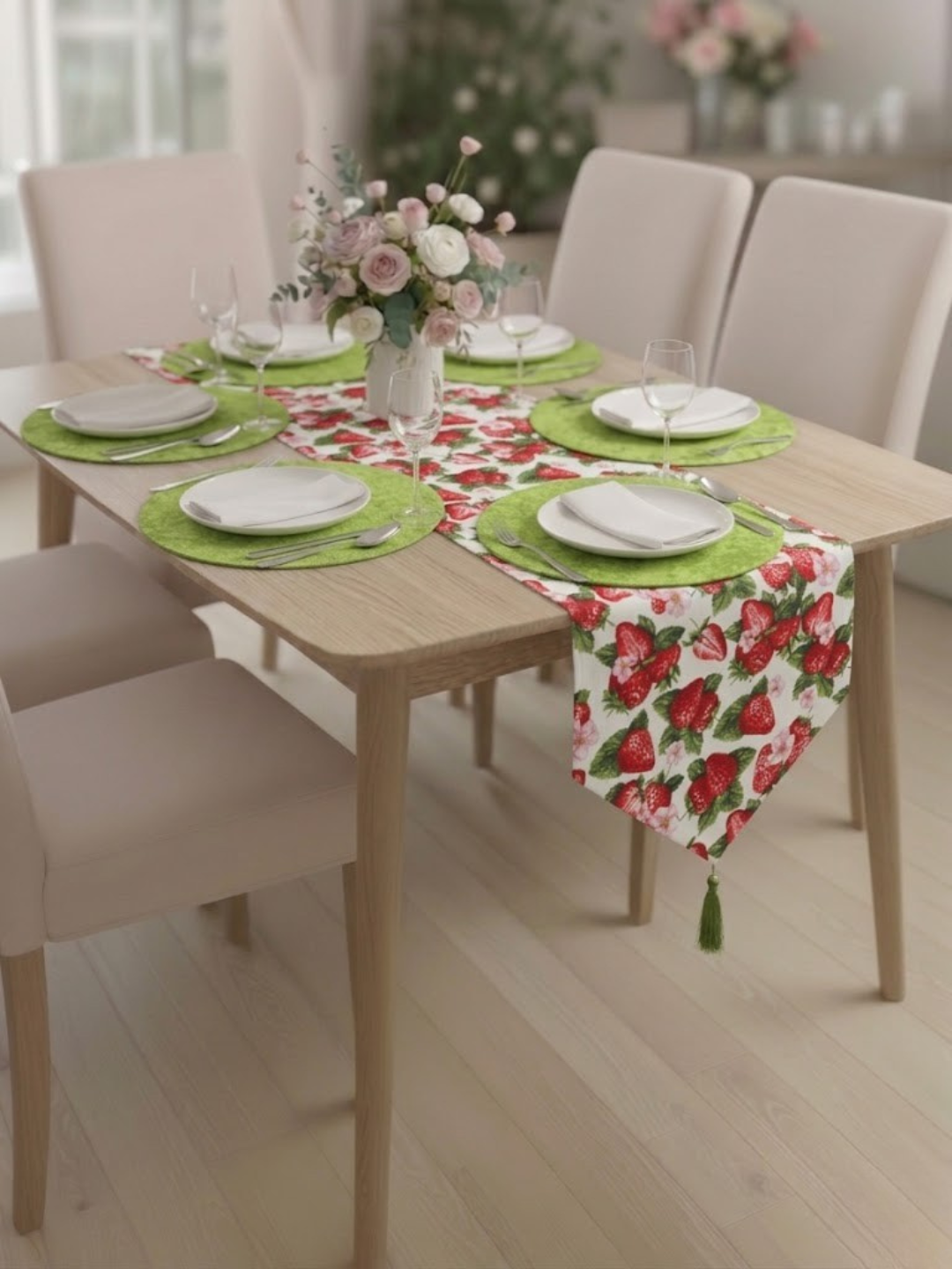 Turkiya Duck matodan Ranner 177x40 sm va tarelka uchun 31 smli bezakli va raner, dasturxon - 
