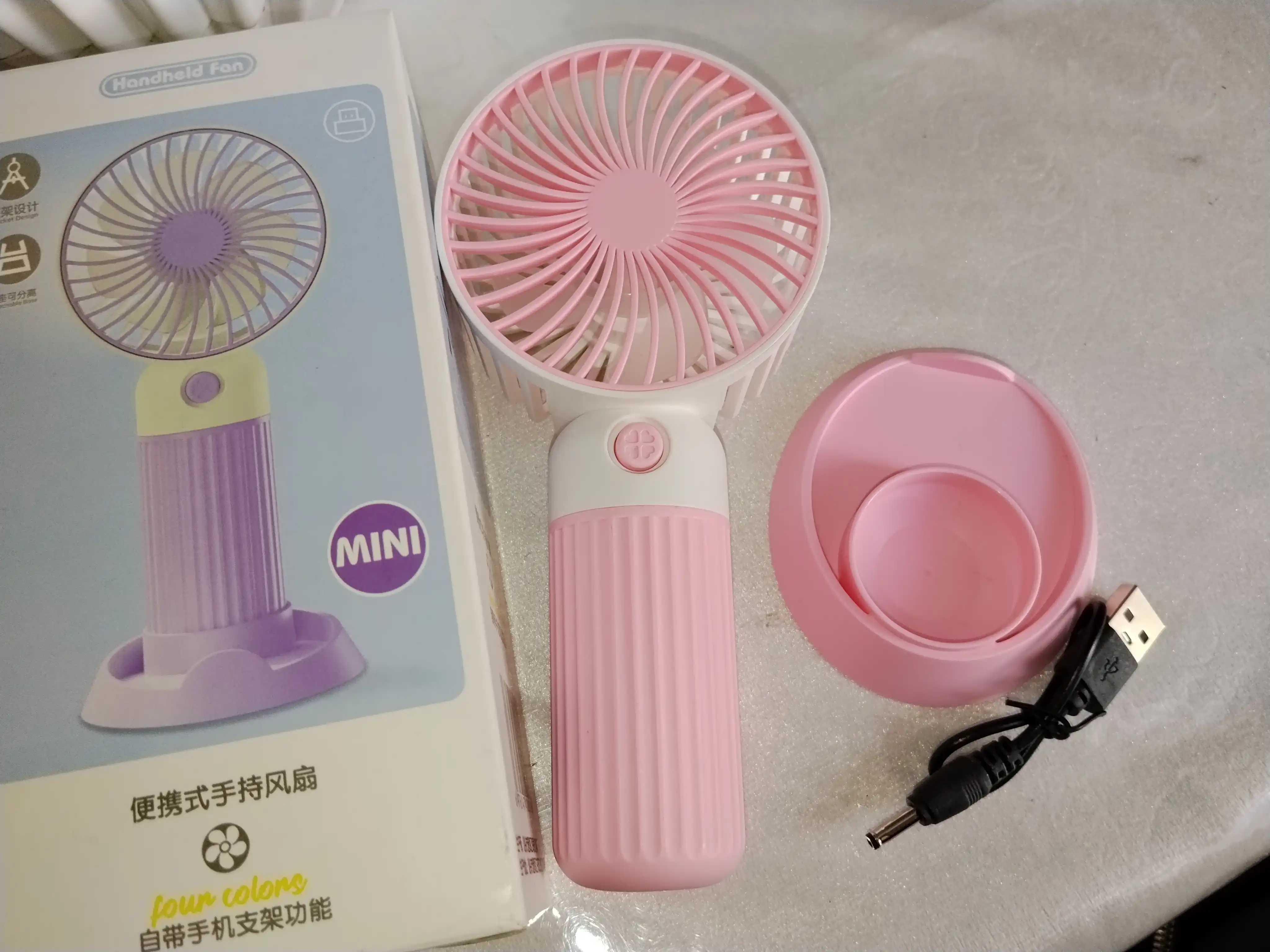 Mini qo'l ventilyatori, USB quvvatlash va stendli ish stoli konditsioneri, 2 tasi 1 da