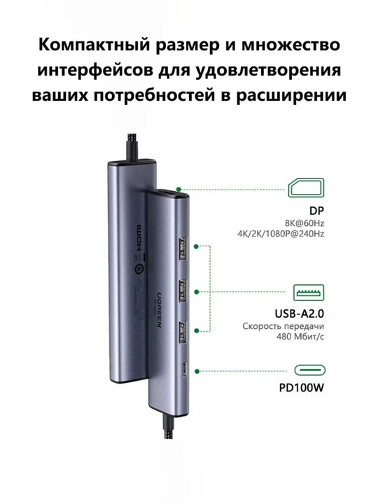 USB HUB UGREEN 5-in-1, 8K DP, USB 2.0, PD 100W Hub CM478 15905