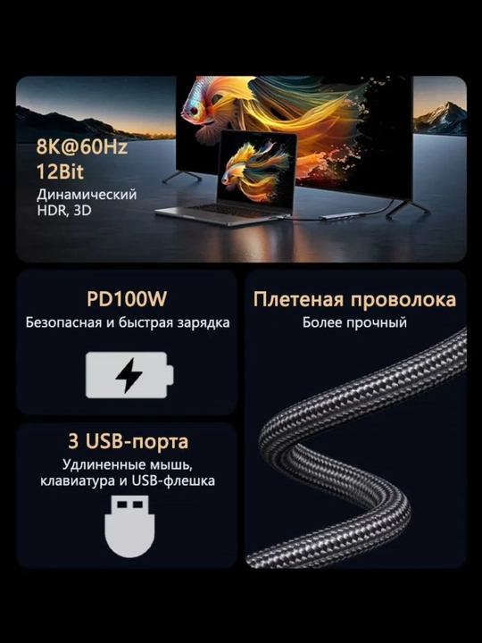 USB HUB UGREEN 5-in-1, 8K DP, USB 2.0, PD 100W Hub CM478 15905