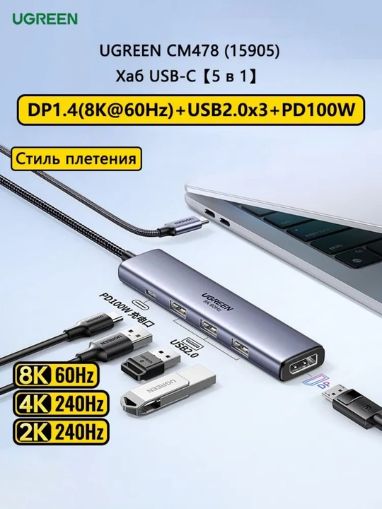 USB HUB UGREEN 5-in-1, 8K DP, USB 2.0, PD 100W Hub CM478 15905 - 