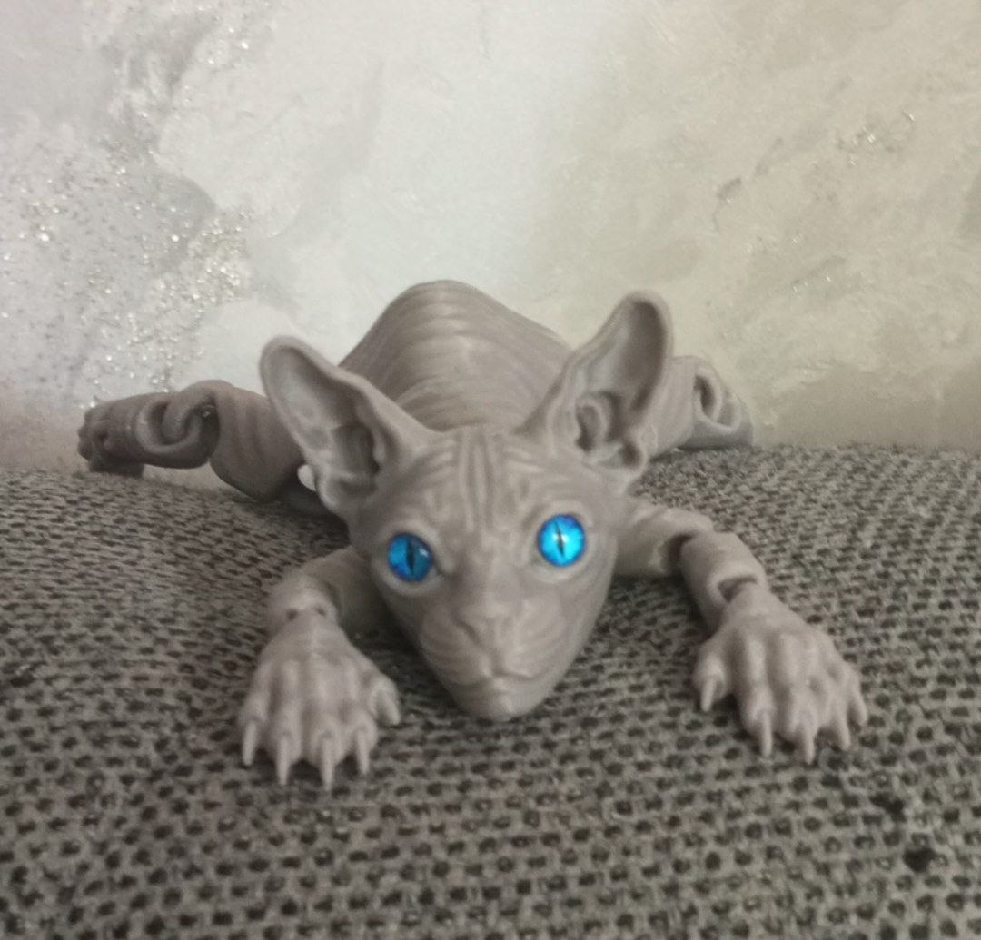 Sfinks mushuk, harakatlanuvchi o‘yinchoq mushuk, mushuk va antistress oqsil. 3d toys