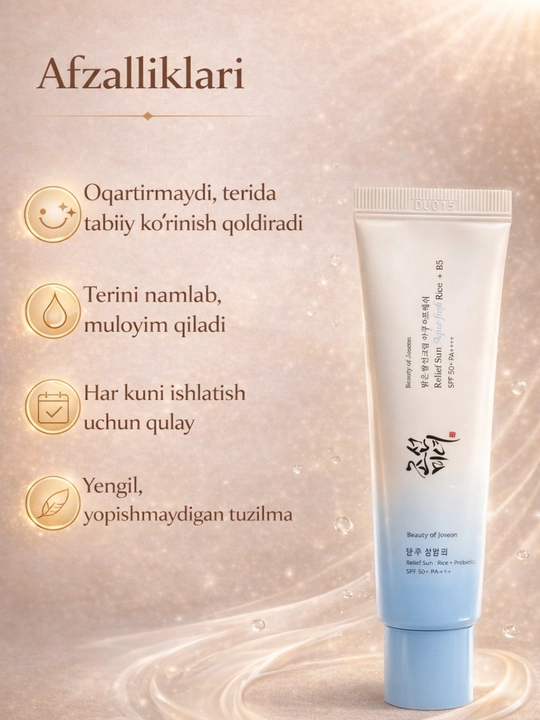 Beauty of Joseon SPF50+ quyoshdan himoya kremlari Rice + B5 va Rice + Probiotics