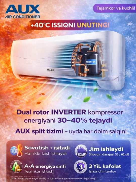 AUX ASW 12, 18, 24 invertorli konditsioner Turbo namlik datchigi bilan sovutish