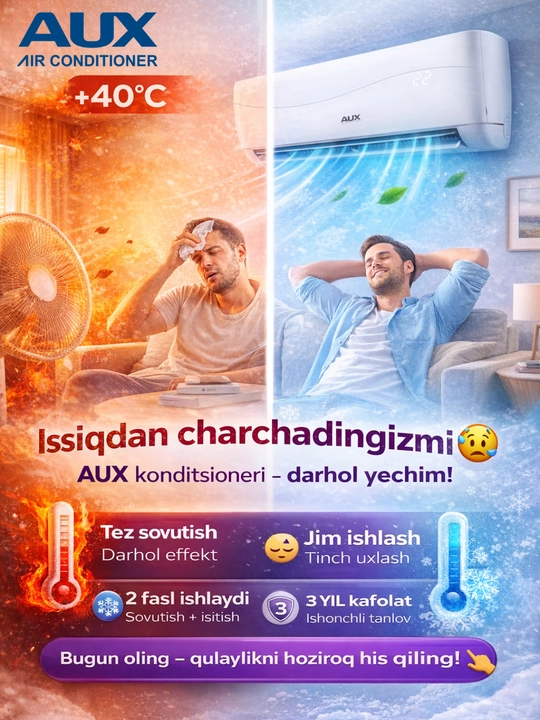 AUX ASW 12, 18, 24 invertorli konditsioner Turbo namlik datchigi bilan sovutish