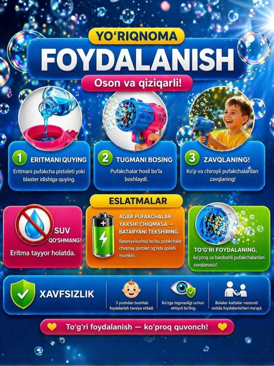 Sovun pufakchalari eritmasi, pistolet va blaster uchun, 500 ml-1 litr