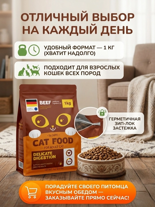 Сухой корм для взрослых кошек ZABPET Микс 3 вкуса, 1 кг для деликатного пищеварения