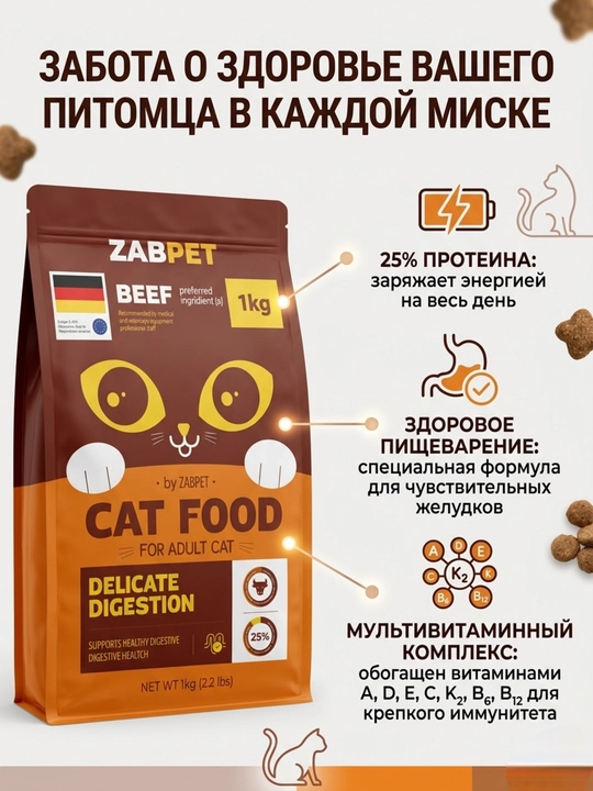 Сухой корм для взрослых кошек ZABPET Микс 3 вкуса, 1 кг для деликатного пищеварения