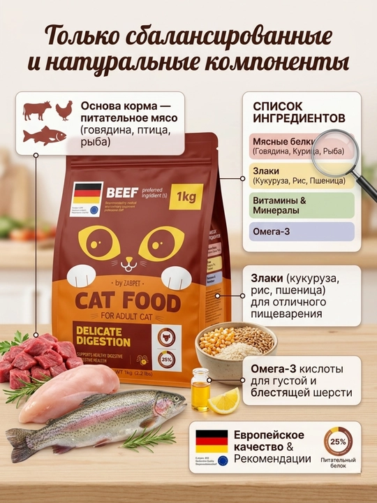 Сухой корм для взрослых кошек ZABPET Микс 3 вкуса, 1 кг для деликатного пищеварения