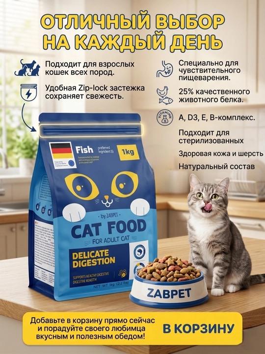 Сухой корм для взрослых кошек ZABPET Микс 3 вкуса, 1 кг для деликатного пищеварения