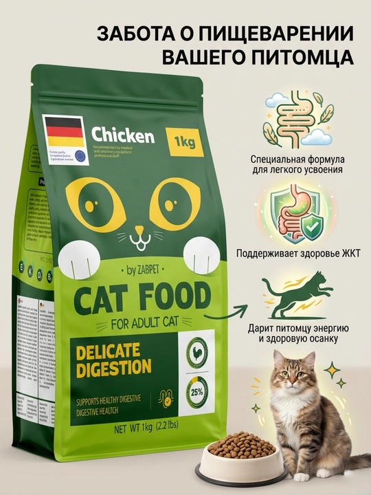 Сухой корм для взрослых кошек ZABPET Микс 3 вкуса, 1 кг для деликатного пищеварения