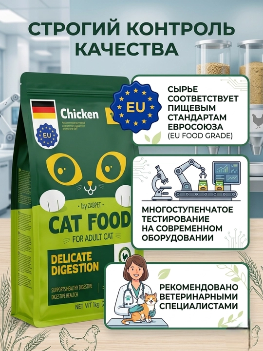 Сухой корм для взрослых кошек ZABPET Микс 3 вкуса, 1 кг для деликатного пищеварения