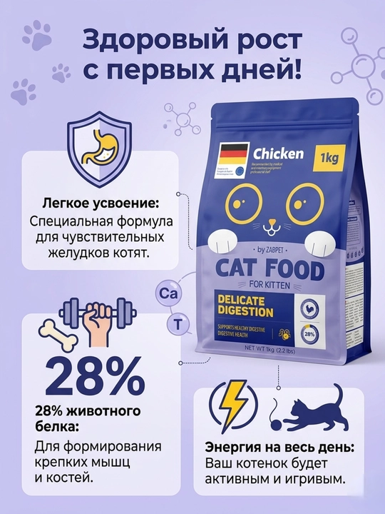 Сухой корм для взрослых кошек ZABPET Микс 3 вкуса, 1 кг для деликатного пищеварения