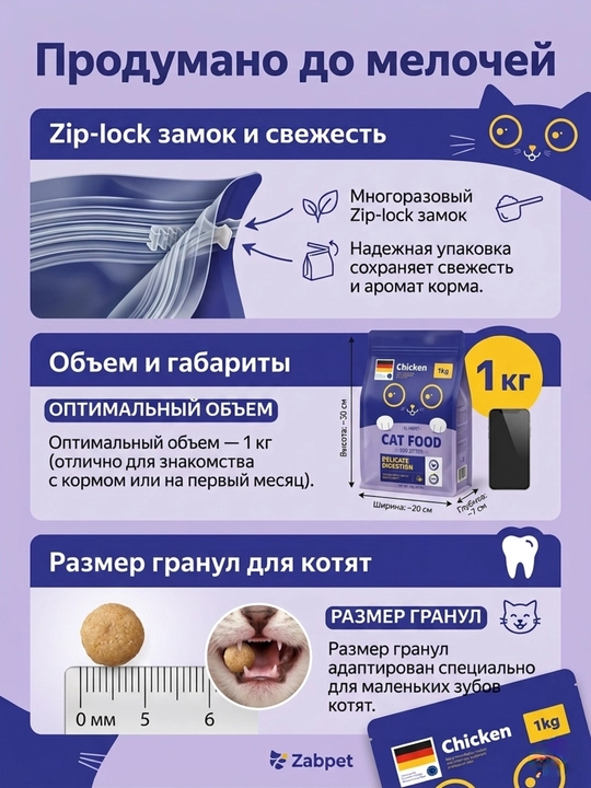 Сухой корм для взрослых кошек ZABPET Микс 3 вкуса, 1 кг для деликатного пищеварения